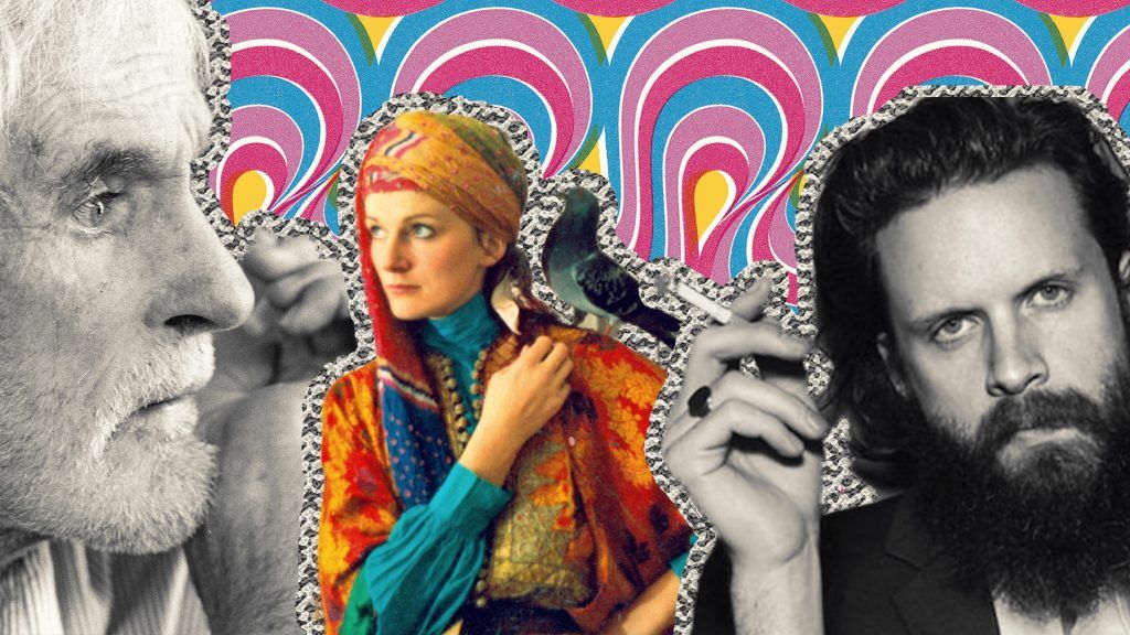 Timothy Leary, Amanda Feilding och Father John Misty mot LSD-mönstrad bakgrund.