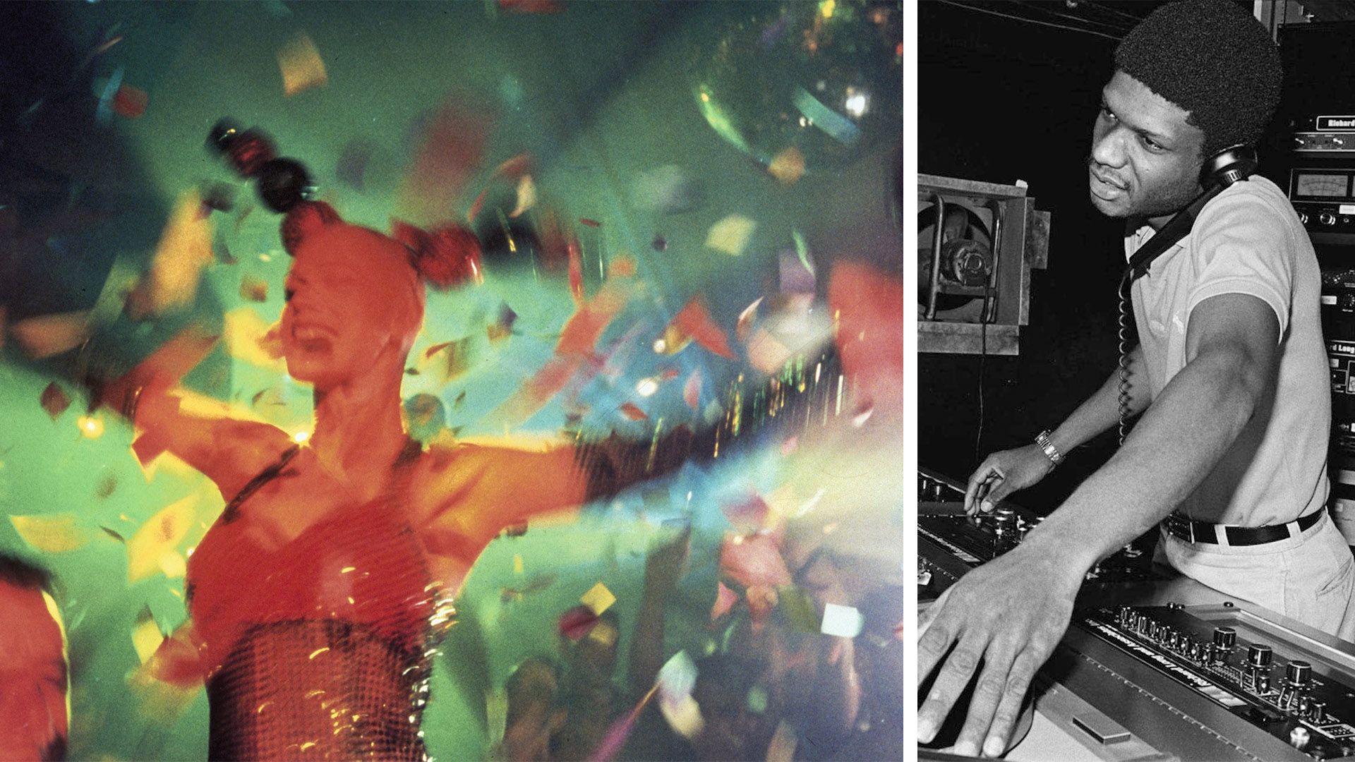 Kvinna som dansar i neonbakgrund och man som spelar skivor på en klubb