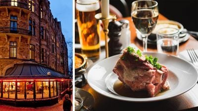 Restaurangen Riches exteriör och mat på restaurangen Pelikan.