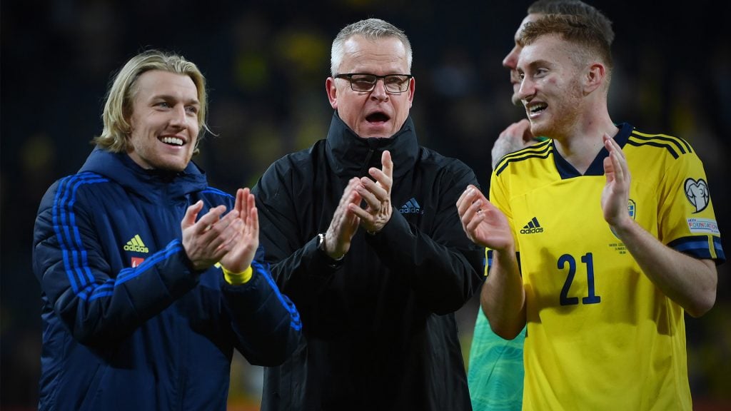 Emil Forsberg, Janne Andersson och Dejan Kulusevski i svenska fotbollslandslaget