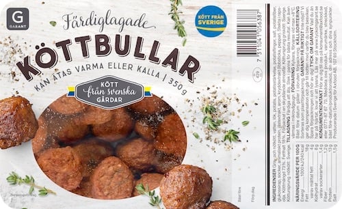 Förpackning med Garants färdiglagade köttbullar.