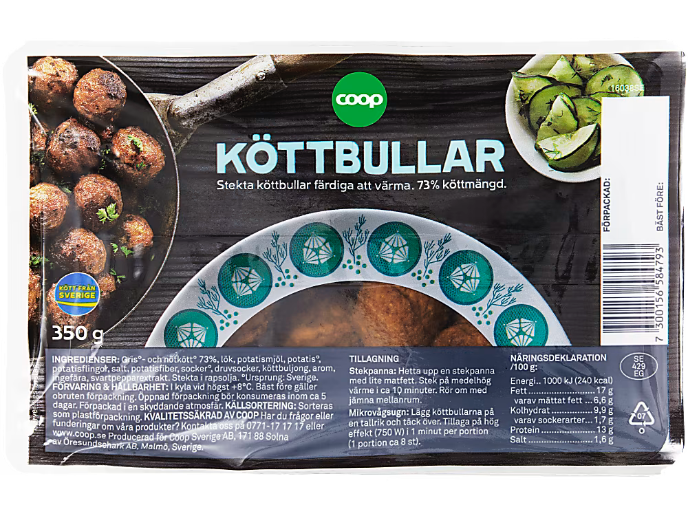 Förpackning med Coops färdiga köttbullar.