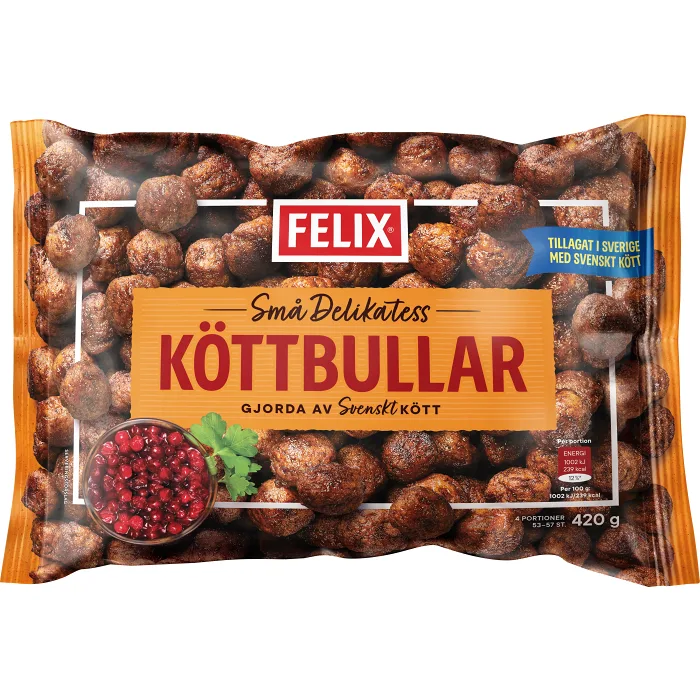Förpackning med Felix små delikatessköttbullar.