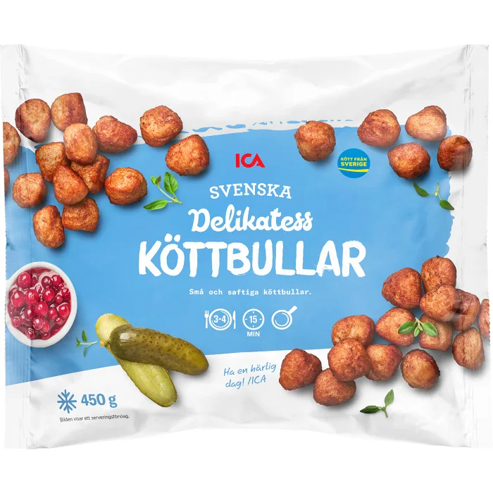 Förpackning med Icas delikatessköttbullar.