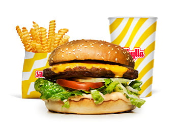 Sibyllas cheeseburgare med pommes och dryck