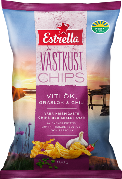 Chipspåse från Estrella med smak av vitlök, gräslök och chili