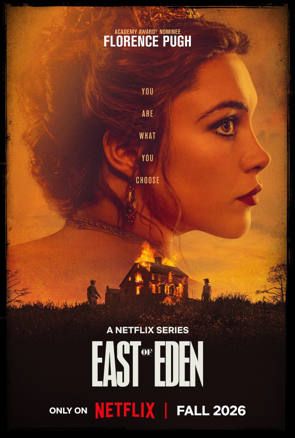 Poster till Netflixserien East of Eden med stor bild på Florence Pugh i profil.