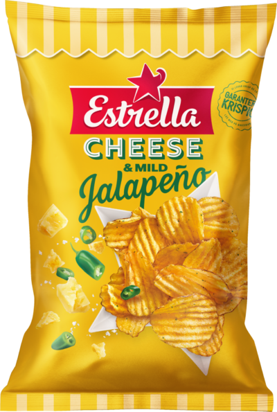 Påse med Cheese & Mild Jalapeno-chips från Estrella