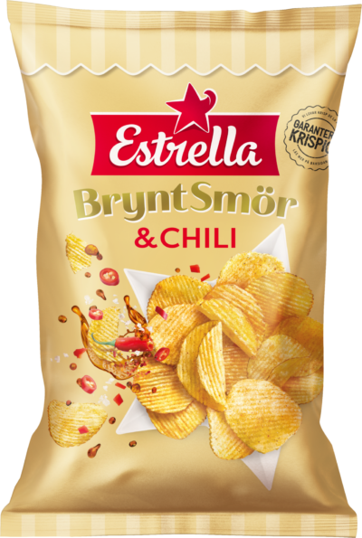 Chipspåse från Estrella med smak av brynt smör & chili