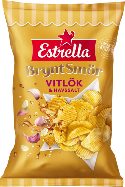 Påse med chips från Estrella med smak av Brynt smör med vitlök & havssalt