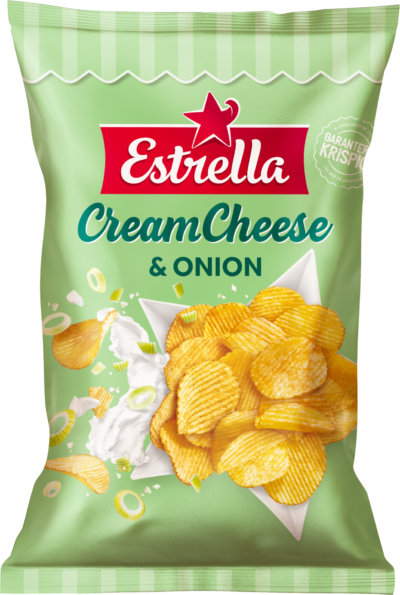 Påse med chips från Estrella med smak av Cream Cheese & Onion 