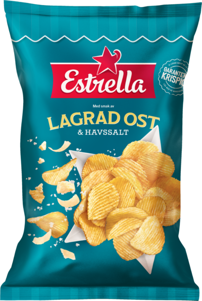 Påse med chips från Estrella med smak av Lagrad ost & havssalt