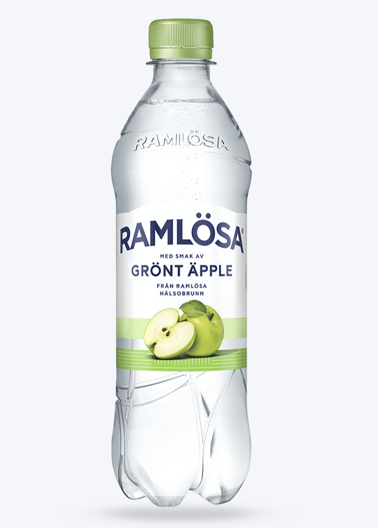 En flaska Ramlösa med smaken grönt äpple