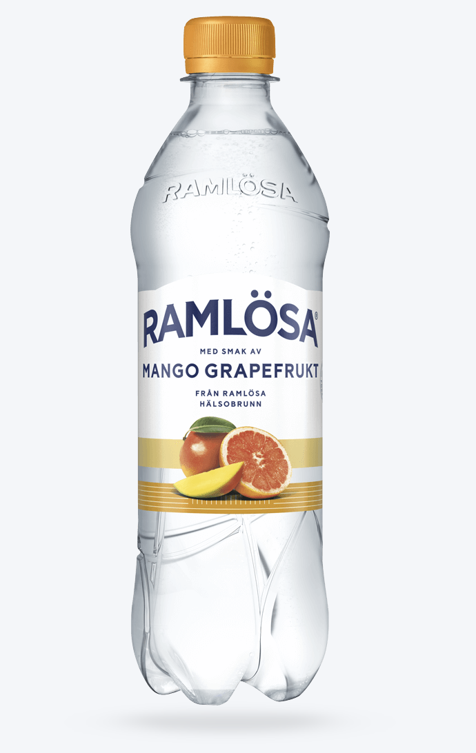 En flaska Ramlösa med smaken mango grapefrukt
