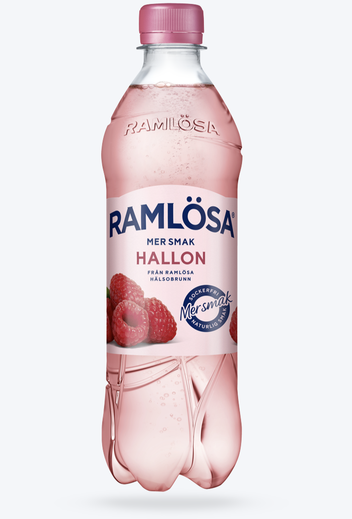 En flaska Ramlösa med smaken mer smak hallon