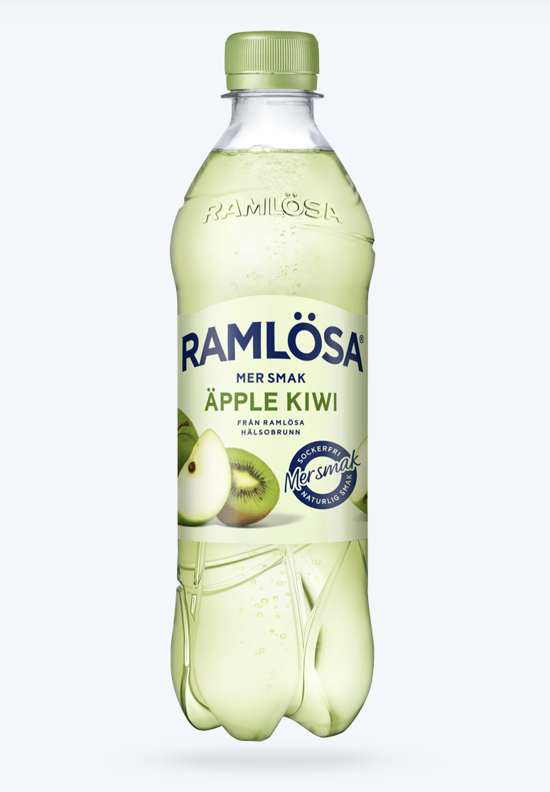 En flaska Ramlösa med smaken mer smak äpple kiwi