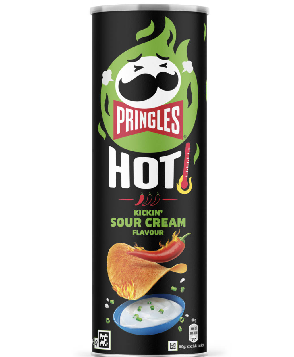 Förpackning med Pringleschips med smaken Kickin' Sourcreaam