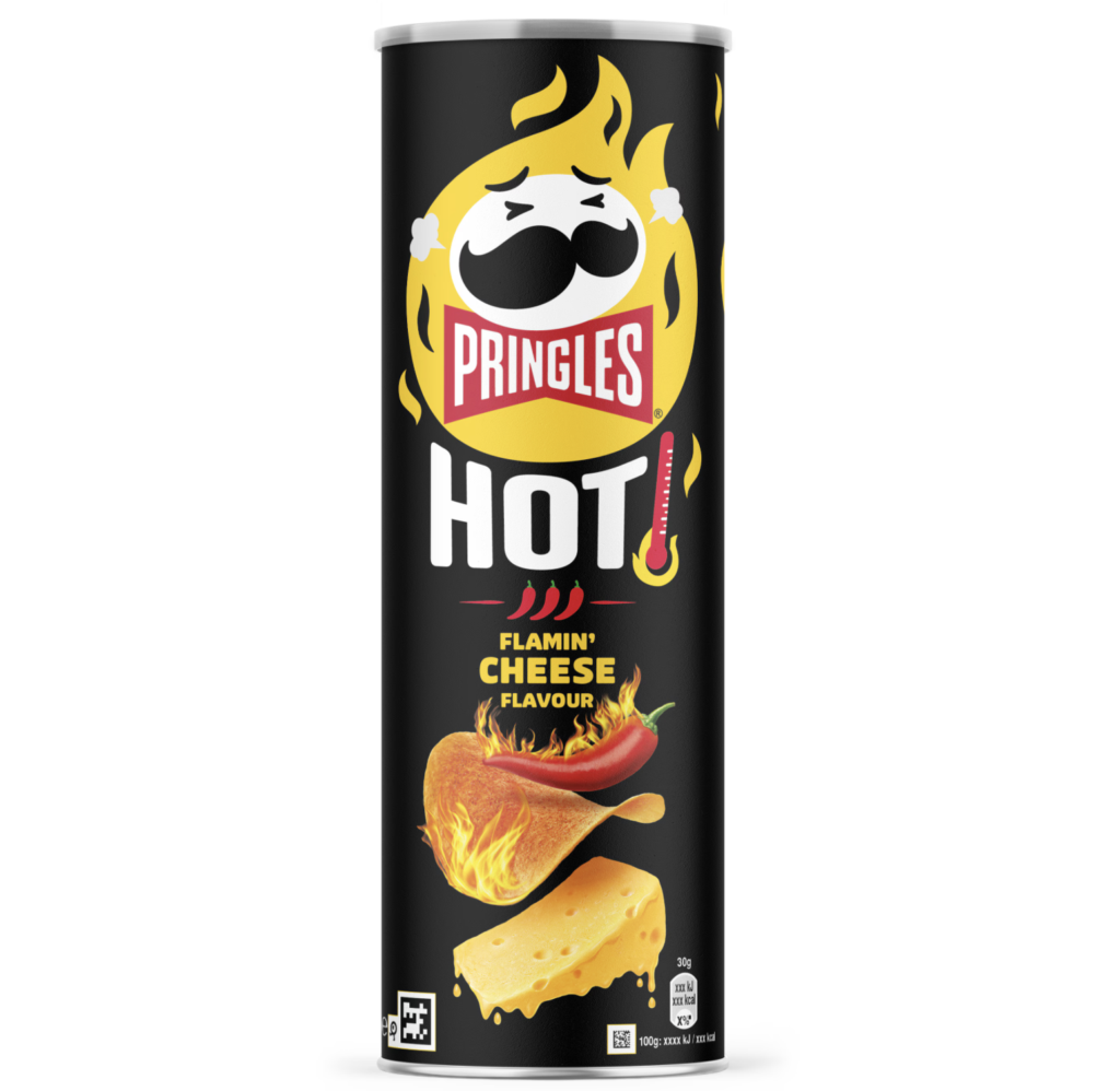 Förpackning med Pringleschips med smaken Flamin' Cheese Flavour