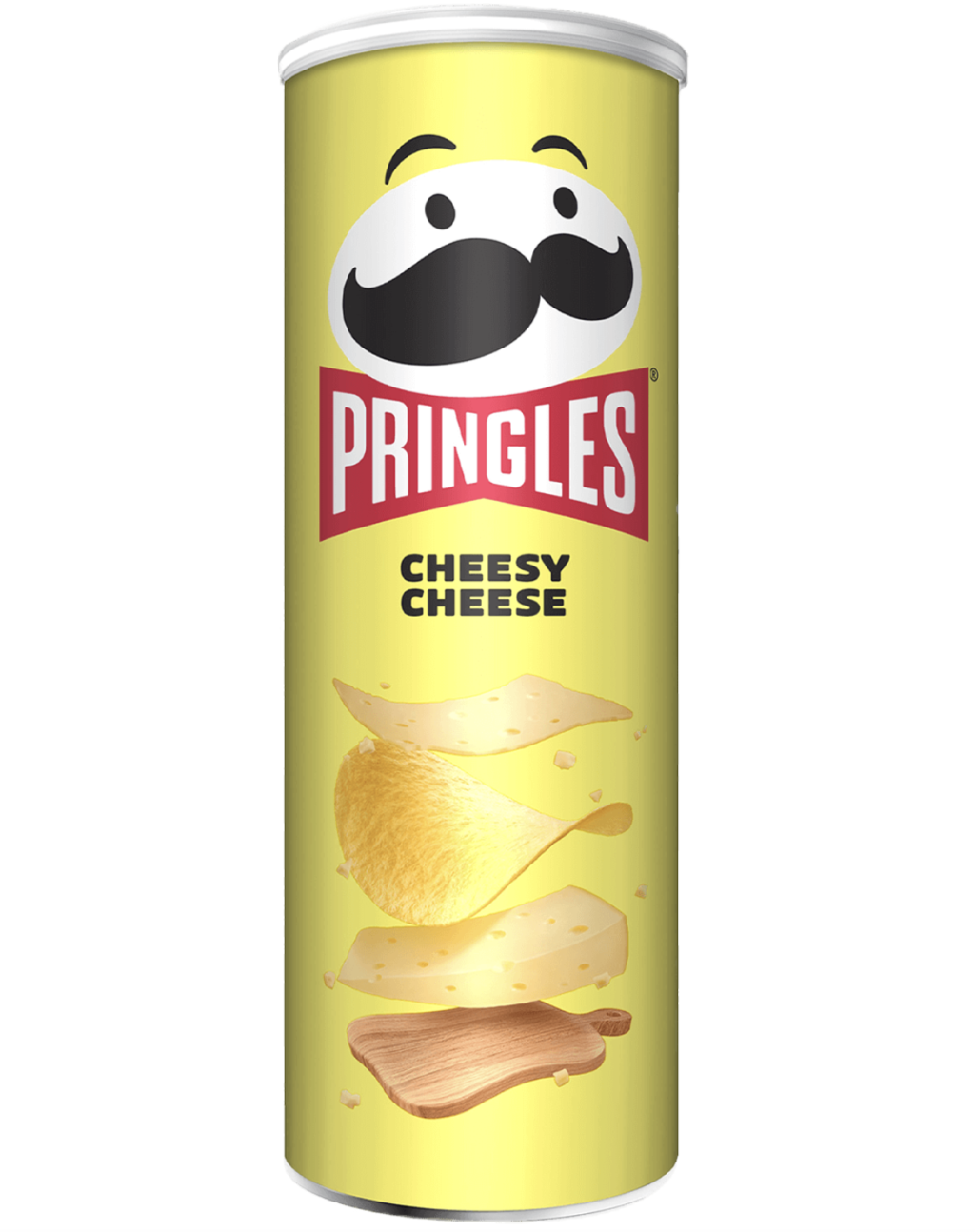 Förpackning med Pringleschips med smaken Cheesy Cheese