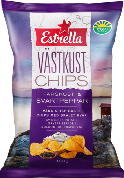 Chipspåse från Estrella med smak av färskost och svartpeppar