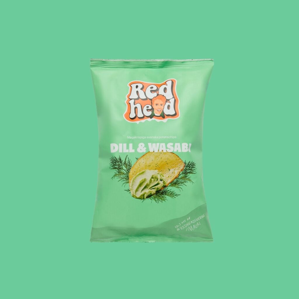 Påse med chips från Redhead med smak av dill och wasabi