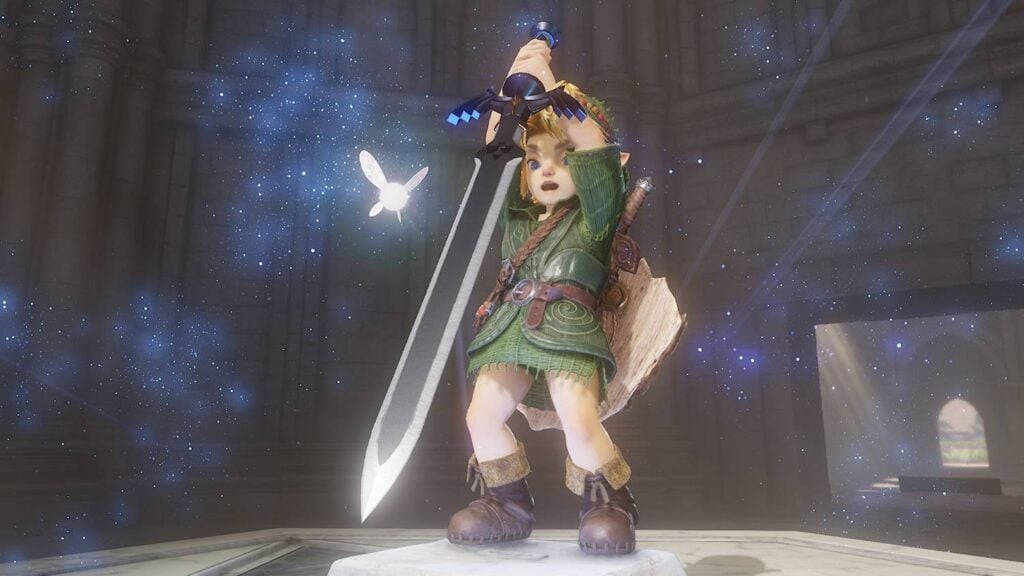 Scen från spelet The Legend of Zelda Ocarina of Time, där den unge hjälten Link i gröna kläder drar upp ett svärd ur en sten. Vid hans sida ser vi fen Navi.