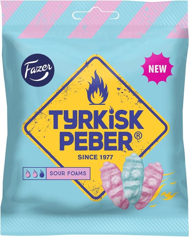 Ljusblå och gul godispåse med Tyrkisk Peber Sour Foams