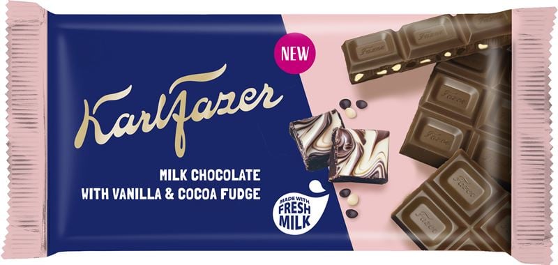 Chokladkakan Karl Fazer Vanilla-Cocoa Fudge med blå-rosa omslag