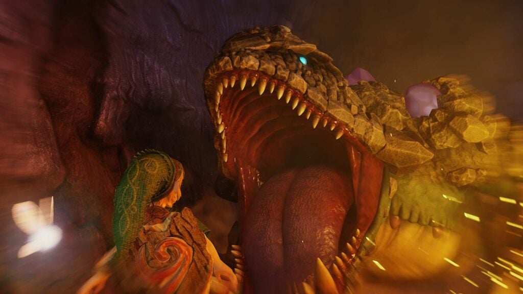 Scen ur The Legend of Zelda: Ocarina of Time, där Link i förgrunden möter ett stort monster med öppet gap.