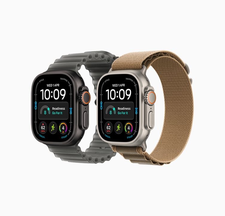 Två Apple Watch-klockor med grått respektive brunt armband.