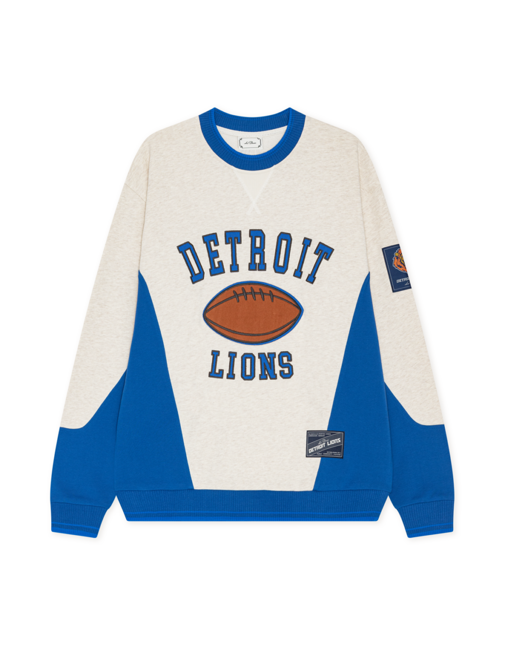 Långärmad blåvit tröja med Detroit Lions-tryck samt en tecknad bild av en amerikansk fotboll.