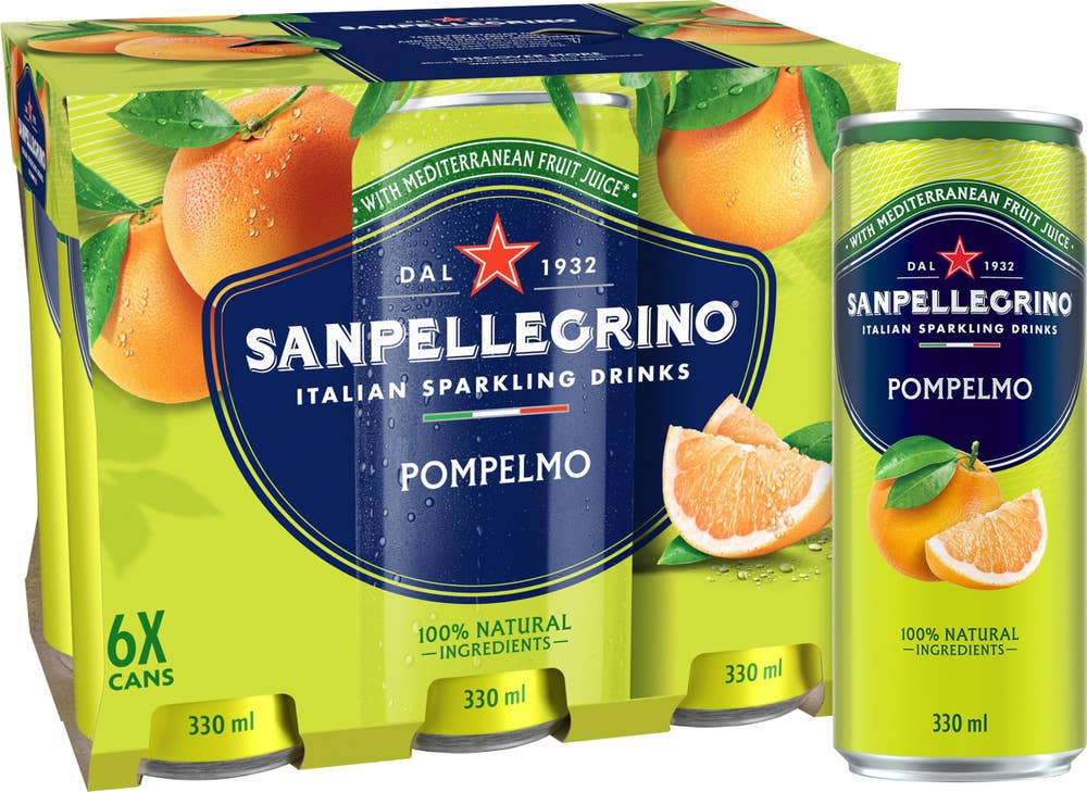 Paket med läskburkar från San Pellegrino med smaken Pompelmo