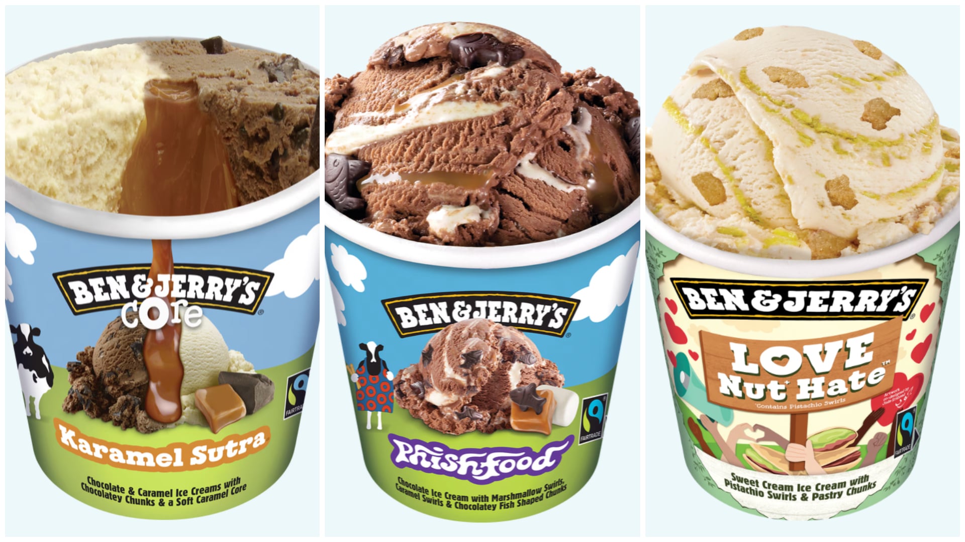 Tre glassburkar från Ben & Jerry's med smakerna Karamel-Sutra, Phish Food och Love Nut Hate