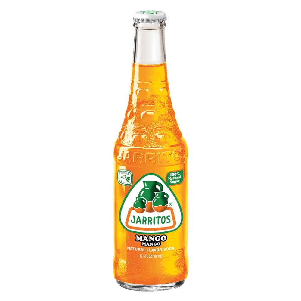 Glasflaska med Mango-läsk från Jarritos