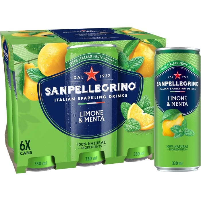 Paket med läskburkar från San Pellegrino med smaken Limone & Menta